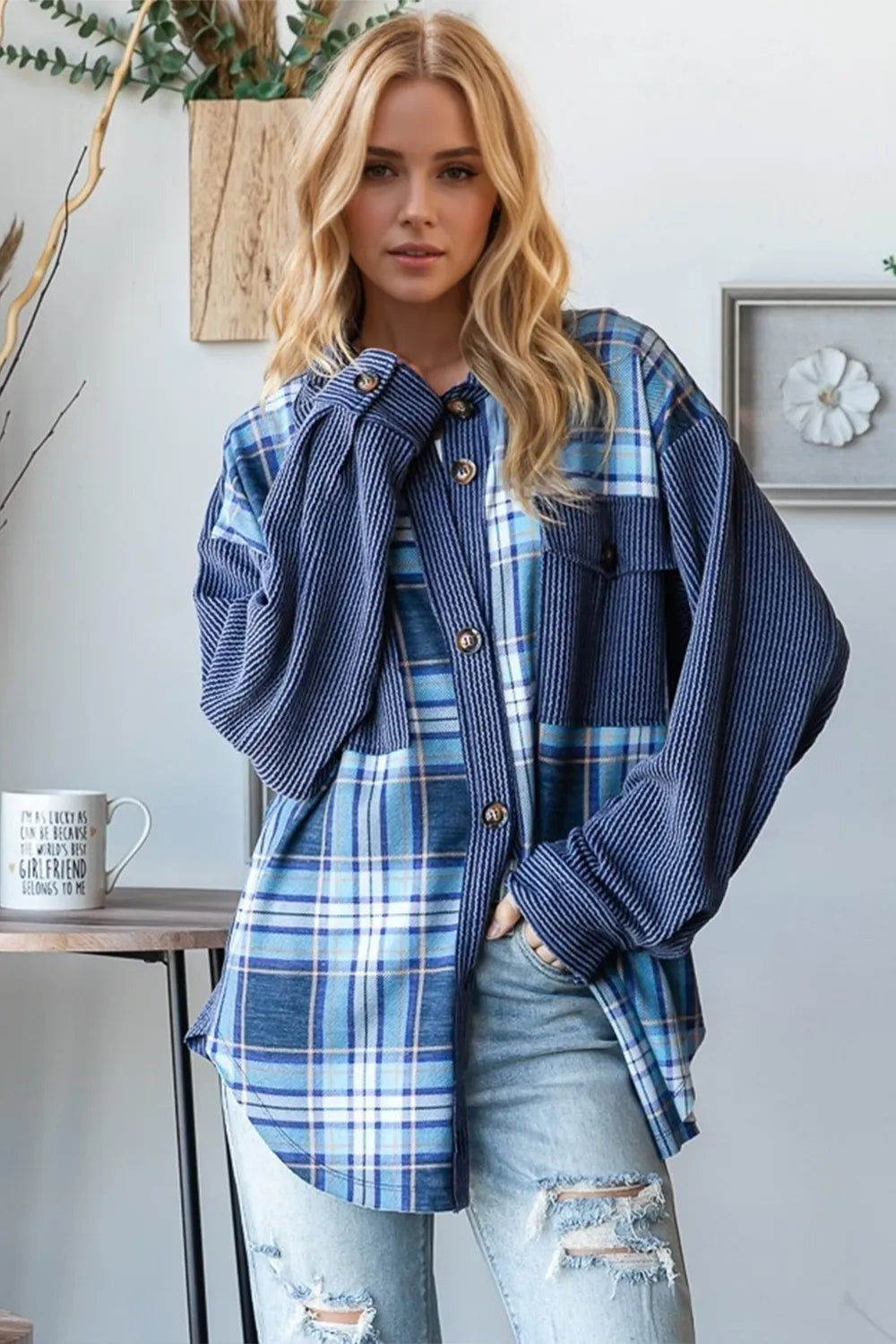 Oh Plaid Button Up Long Sleeve Shacket with Breast Pockets - Velora