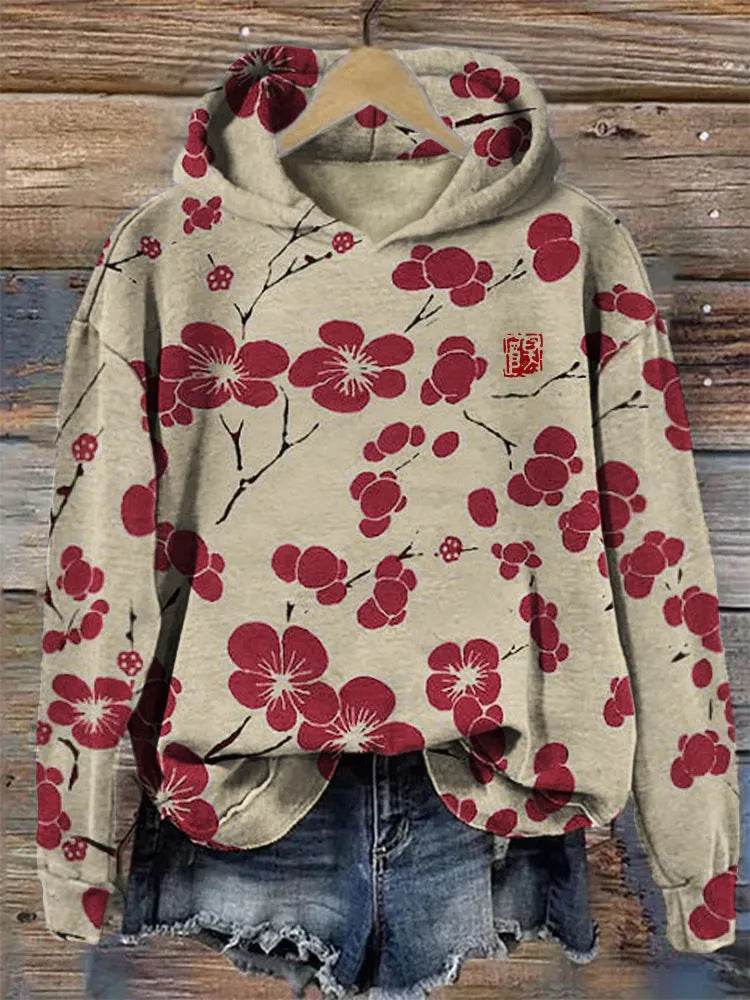 Women Fashion Spring And Autumn Plum Blossom Hooded Super Plus Size Loose-fitting Casual Pullover - Velora
