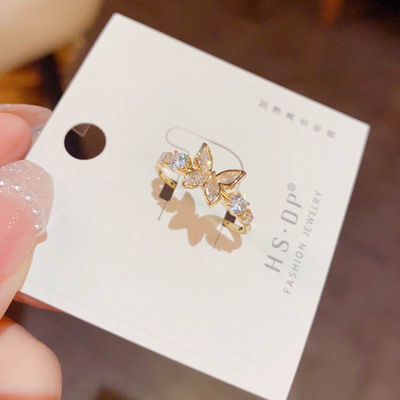 Fashion Jewelry New Style Gold Plated Beautiful Sweet Diamond Inlaid Butterfly Ring Women'S Luxury Temperament Elegant Ring Party Jewelry - Velora