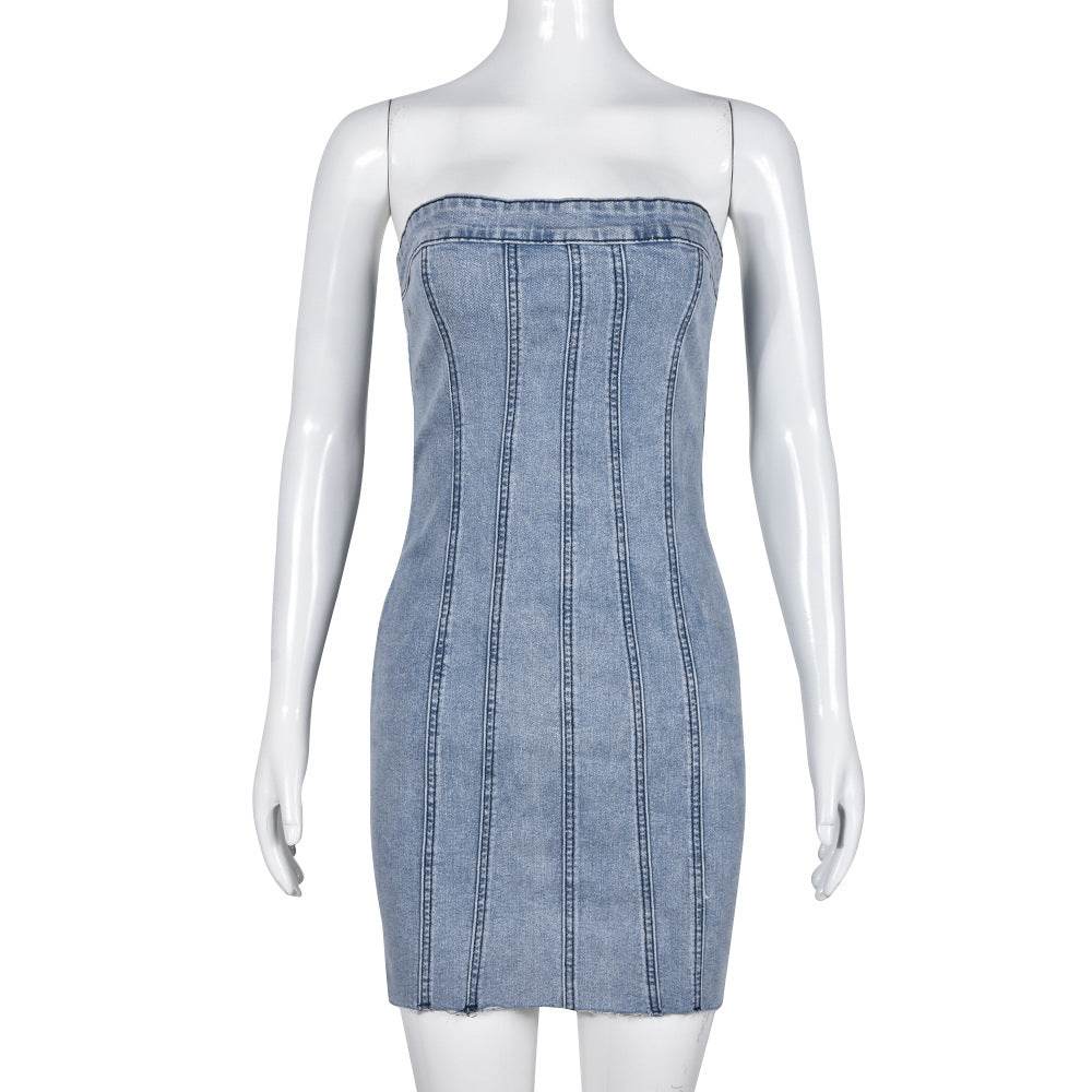 Fashion Backless Tube Denim Dress Summer Sexy Y2K Slim Short Dresses For Women Clothing - Velora