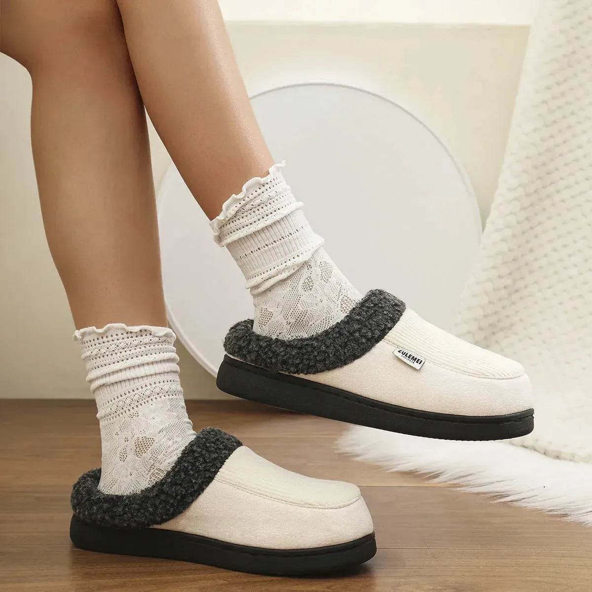 Fashion Solid Striped Cotton Slippers Winter Warm Indoor Bedroom Floor Slipper For Couples Non-slip Thick Sole House Shoes - Velora