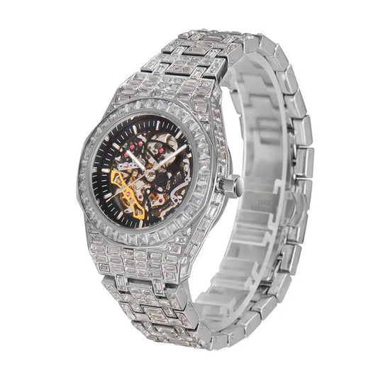 Hip Hop Full Square Diamond Luminous Hollow Mechanical Watch - Velora