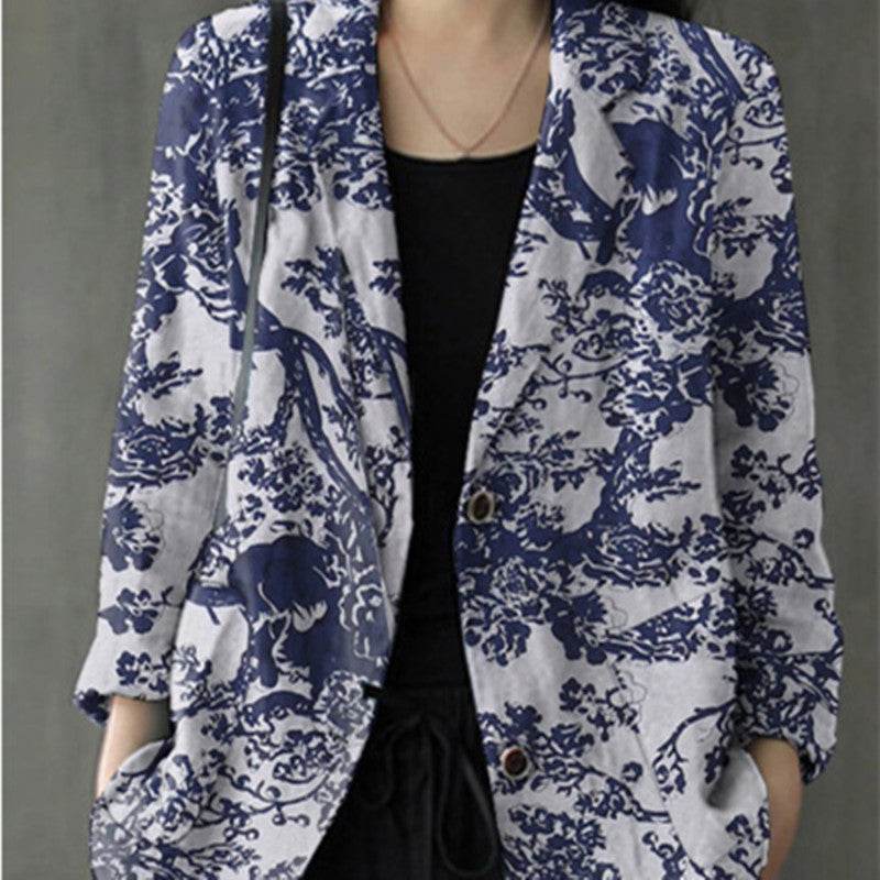 Women's floral Cotton Linen jacket Pocket Blazer - Velora