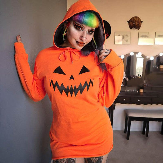 Halloween Costume Pumpkin Print Long Sleeve Hoodie Dress - Velora