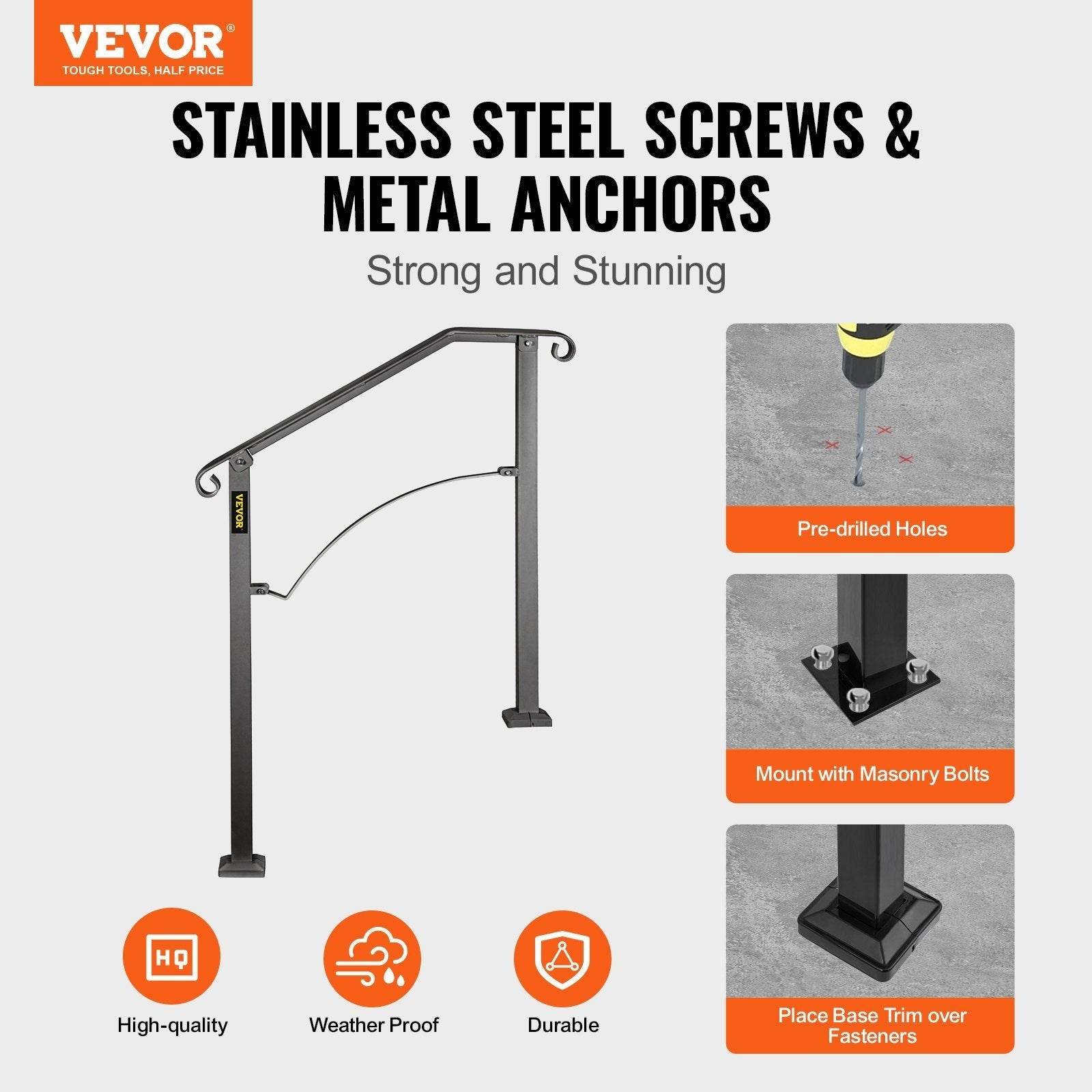 Handrails For Outdoor Steps, Fit 2 Or 3 Steps Outdoor Stair Railing, Arch 2 Wrought Iron Handrail, Flexible Porch Railing, Black Transitional Handrails For Concrete Steps Or Wooden Stairs - Velora