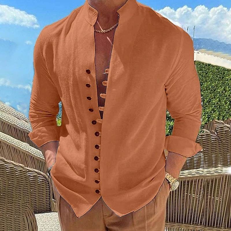 Retro Button Design Long-sleeved Shirt Men's Casual Loose Top Mens Clothing - Velora