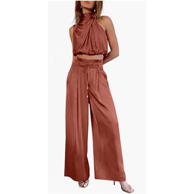 Summer Suits Casual Sleeveless Midriff-baring Top And Wide Leg Pants 2pcs Set Womens Clothing - Velora