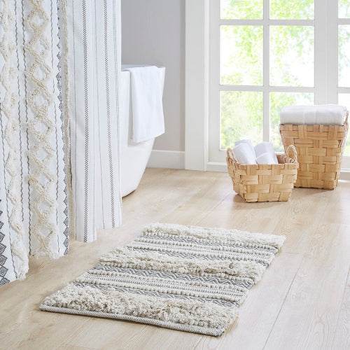 Woven Texture Stripe Bath Rug Grey 20x32 - Velora