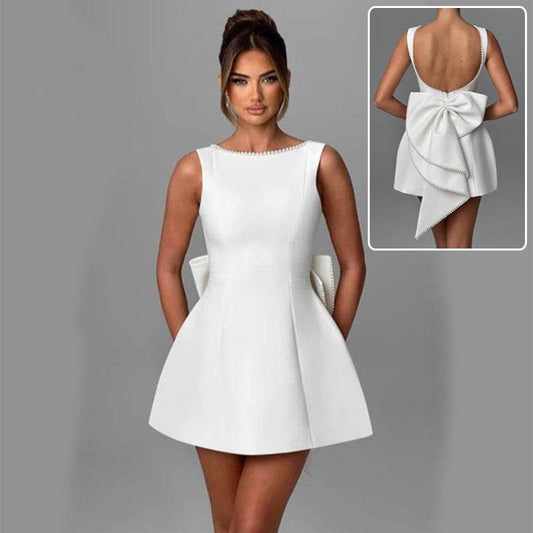 Fashion Big-Bowed Pearls Backless Dress Summer Slim Sleeveless A-line Dresses For Party Evening Women's Clothing - Velora