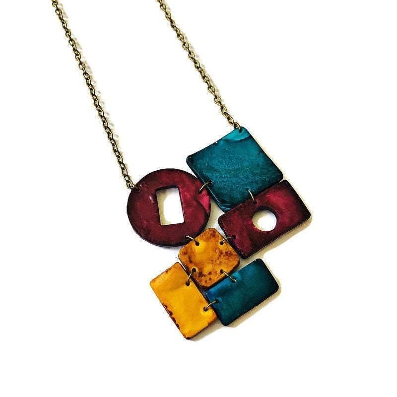 Geometric Statement Necklace in Maroon Teal & Mustard Yellow - Velora Luxury Fashion