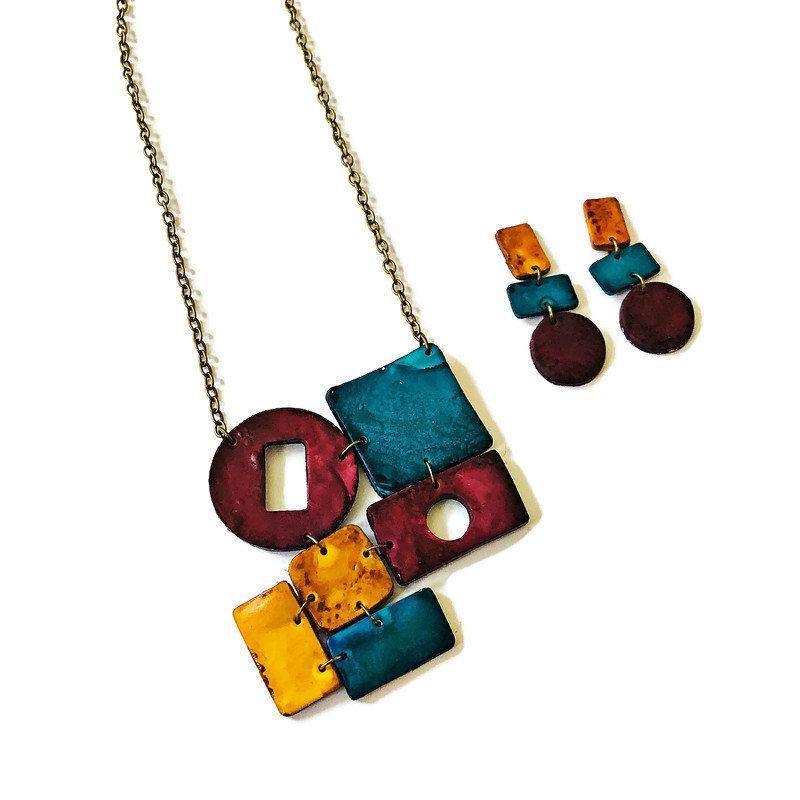 Geometric Statement Necklace in Maroon Teal & Mustard Yellow - Velora Luxury Fashion