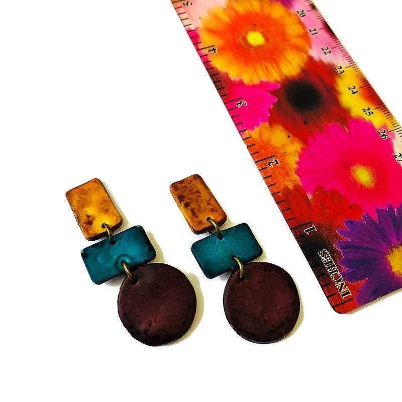 Geometric Statement Necklace in Maroon Teal & Mustard Yellow - Velora Luxury Fashion