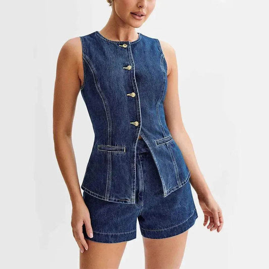 Fashion Denim Suit Summer Casual Sleeveless Button Vest Top And High Waist Shorts Set For Women - Velora
