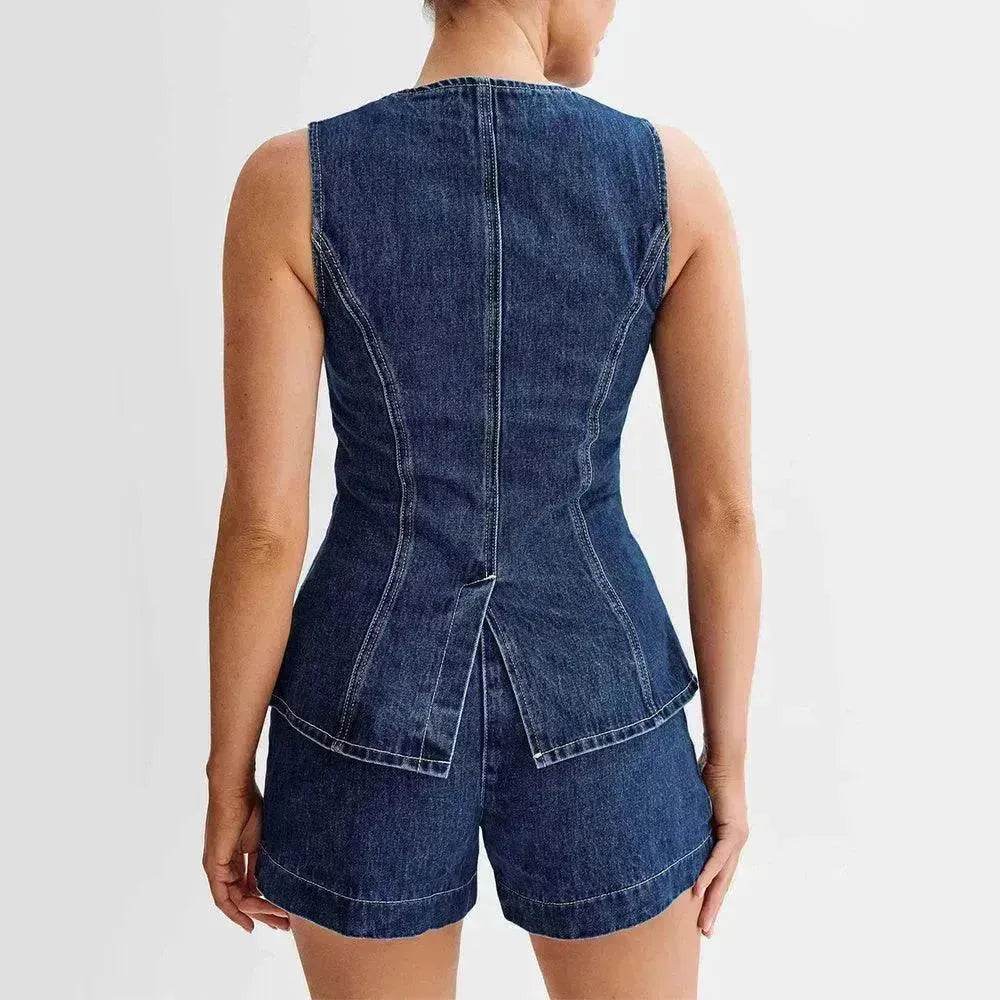 Fashion Denim Suit Summer Casual Sleeveless Button Vest Top And High Waist Shorts Set For Women - Velora