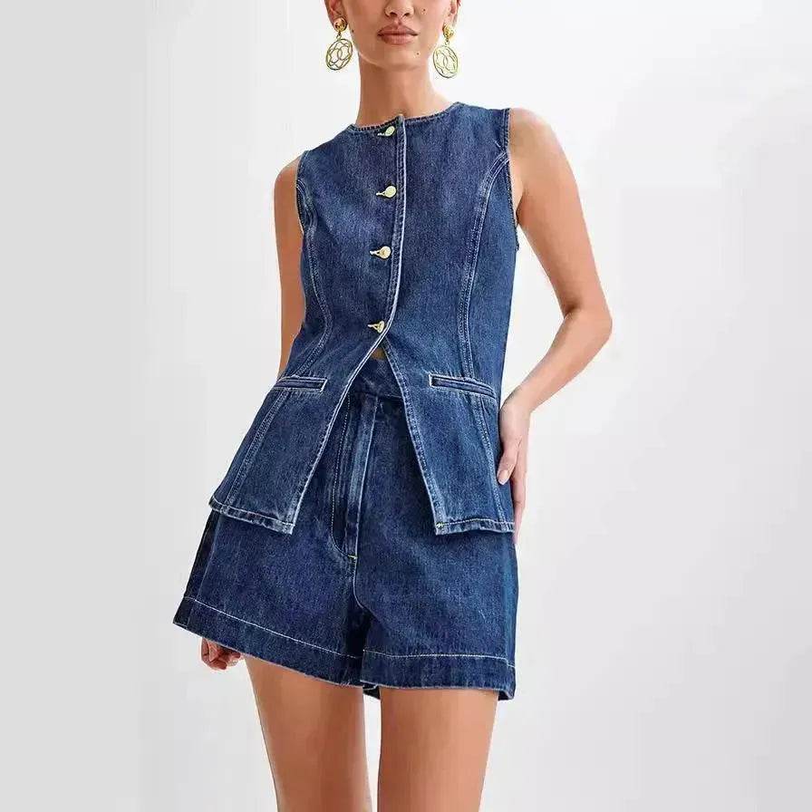 Fashion Denim Suit Summer Casual Sleeveless Button Vest Top And High Waist Shorts Set For Women - Velora