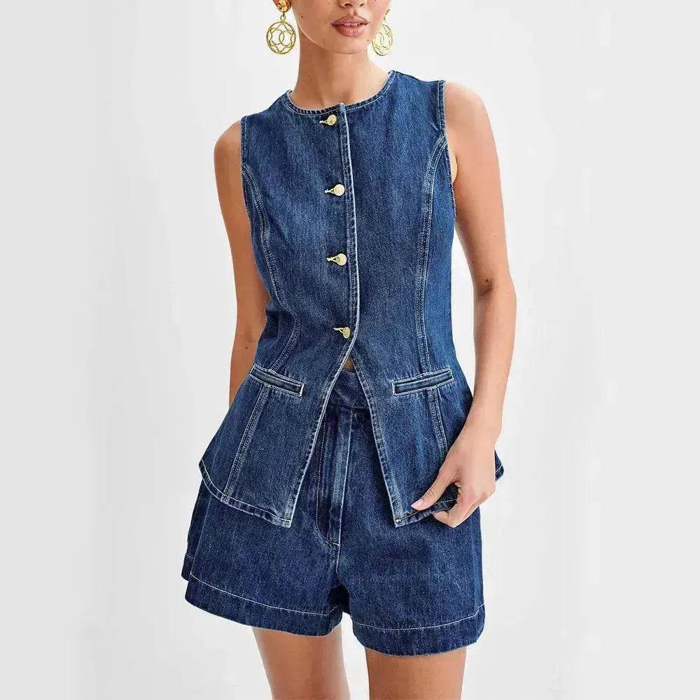 Fashion Denim Suit Summer Casual Sleeveless Button Vest Top And High Waist Shorts Set For Women - Velora