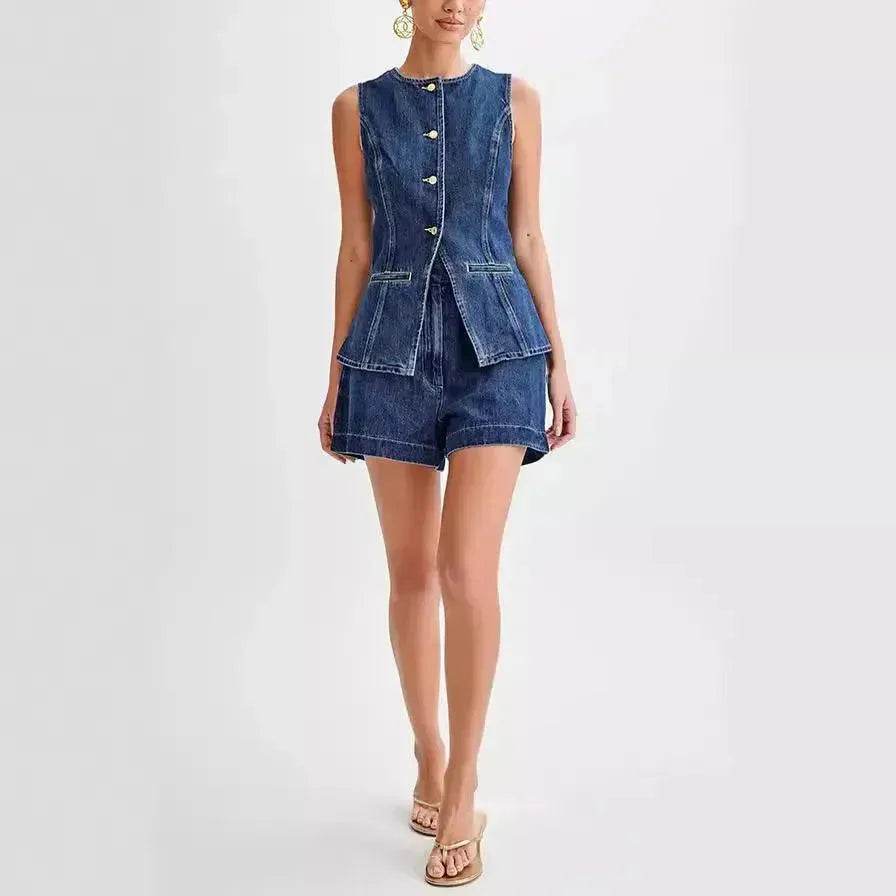 Fashion Denim Suit Summer Casual Sleeveless Button Vest Top And High Waist Shorts Set For Women - Velora
