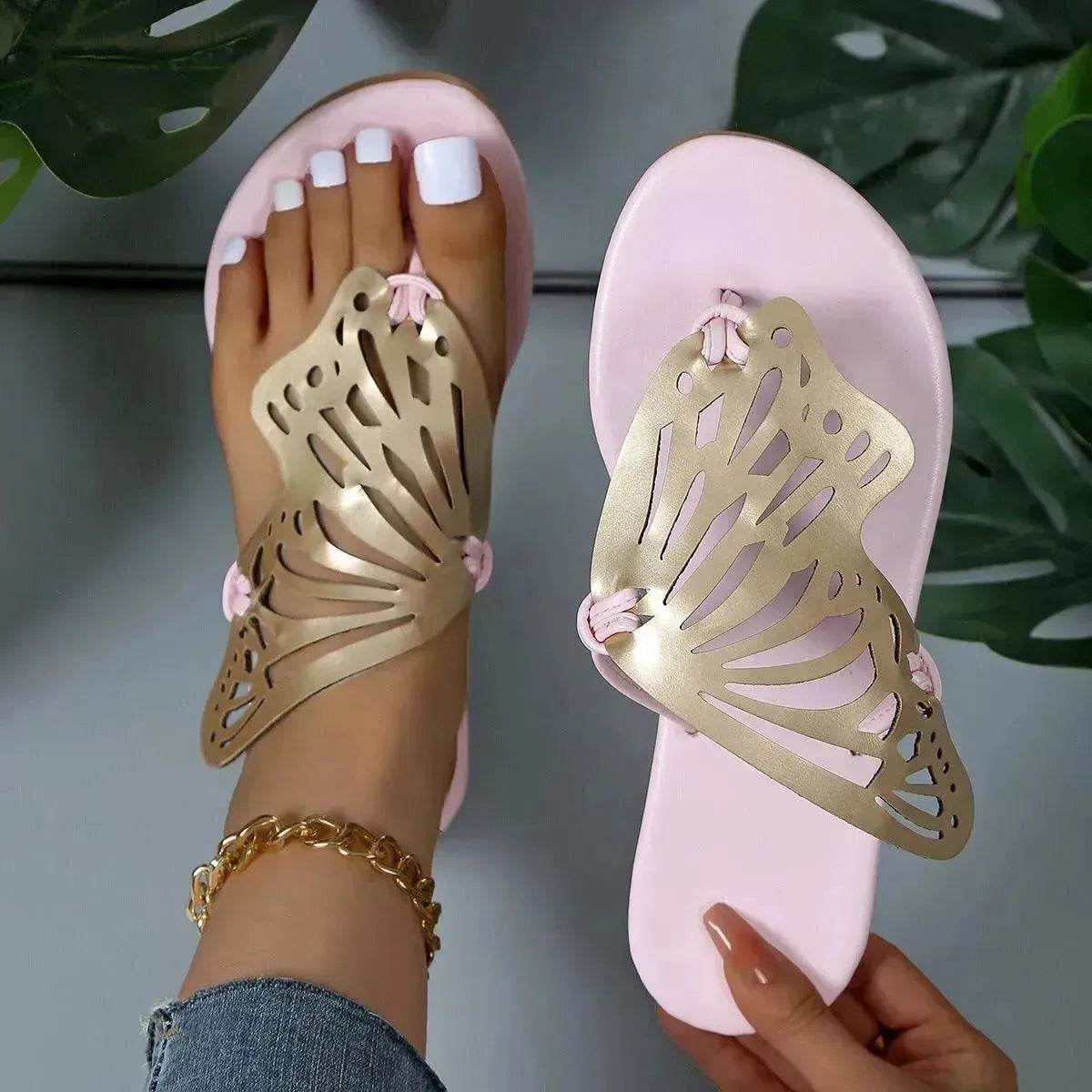 Fashion Hollow Butterfly Flip-Flops Summer Sandals For Women Casual Beach Shoes New Low Heel Flat Slides Slippers - Velora