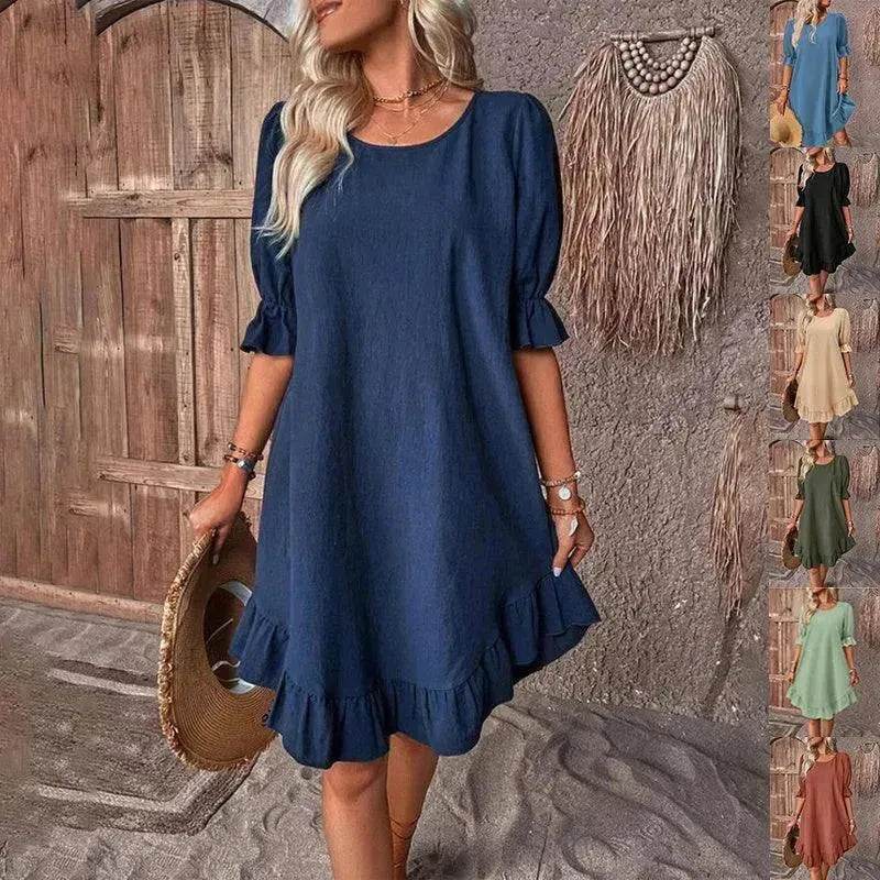 Fashion Ruffle Short-sleeved Dress Summer Solid Color Round Neck Loose Midi Straight Dress for Women. - Velora
