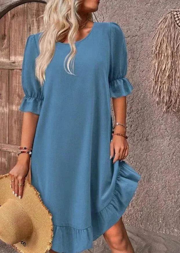 Fashion Ruffle Short-sleeved Dress Summer Solid Color Round Neck Loose Midi Straight Dress for Women. - Velora