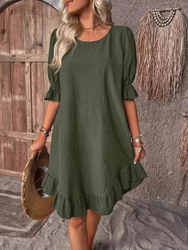Fashion Ruffle Short-sleeved Dress Summer Solid Color Round Neck Loose Midi Straight Dress for Women. - Velora