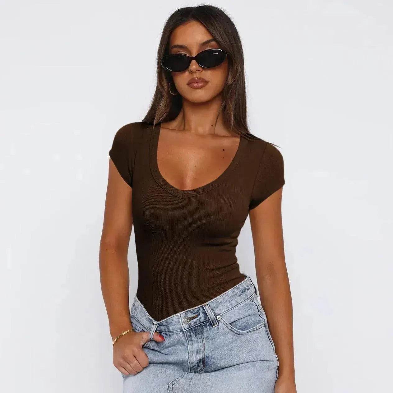 Fashion Spiral Pattern Slim T-shirt Summer Solid Color Charming Short-sleeved Top For Women