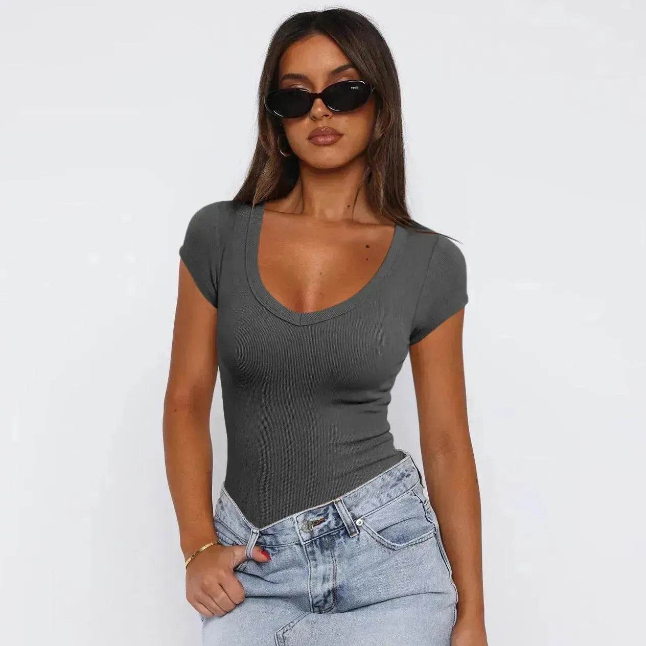 Fashion Spiral Pattern Slim T-shirt Summer Solid Color Charming Short-sleeved Top For Women