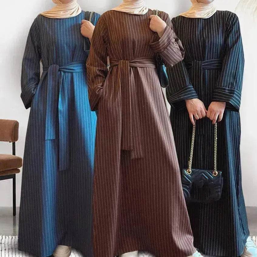 Fashionable Stripe Tunneled Abaya Dress for Elegant Arab Dubai Turkey Middle Eastern women. - Velora