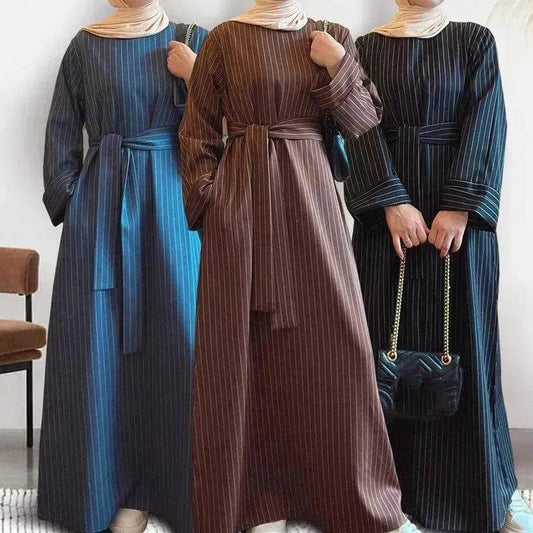 Fashionable Stripe Tunneled Abaya Dress for Elegant Arab Dubai Turkey Middle Eastern women. - Velora