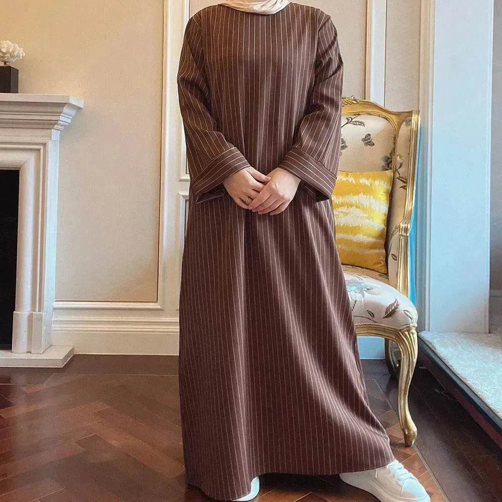Fashionable Stripe Tunneled Abaya Dress for Elegant Arab Dubai Turkey Middle Eastern women. - Velora