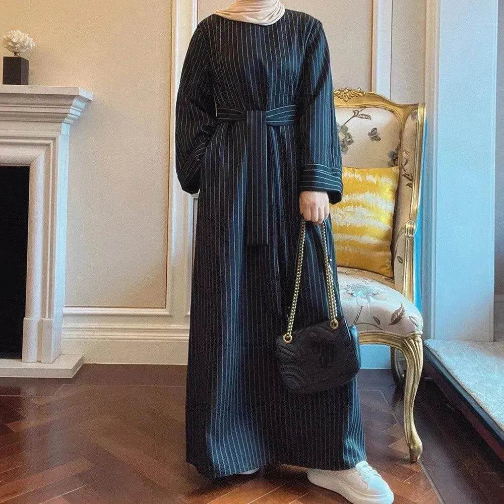 Fashionable Stripe Tunneled Abaya Dress for Elegant Arab Dubai Turkey Middle Eastern women. - Velora