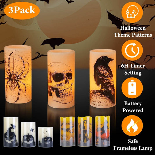 3 Pack Halloween Flameless Candle Lamp With Timer Setting Battery Operated Warm Orange Light Candles For Halloween Party Decoration - Velora