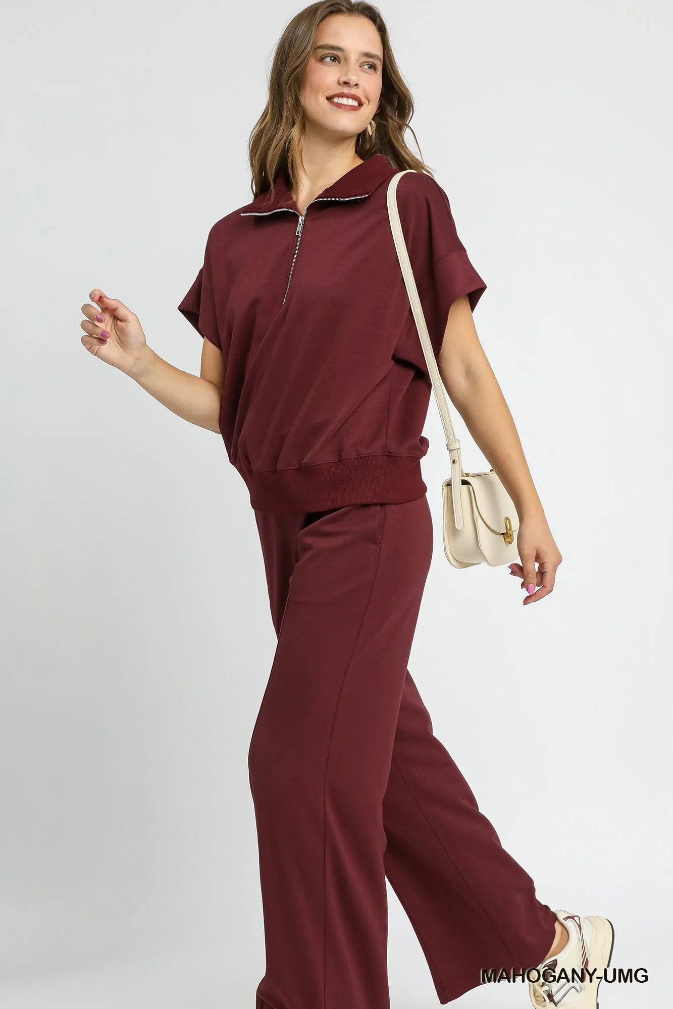 Umgee Full Size Half-Zip Short Sleeve Top Plus Size - Velora