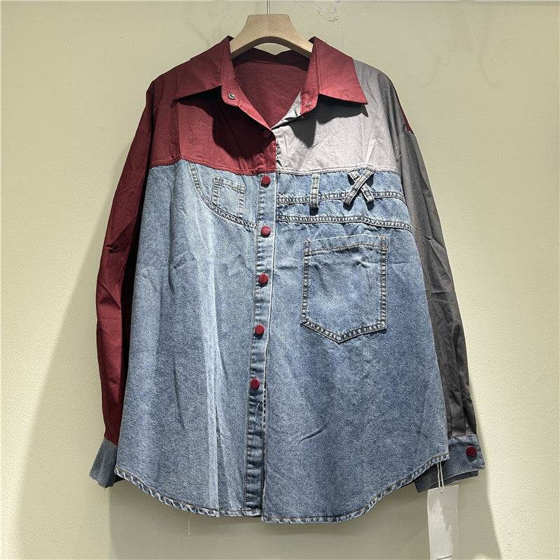 High-grade Contrast Color Patchwork Cotton Denim Long Sleeve Loose Shirt Women - Velora