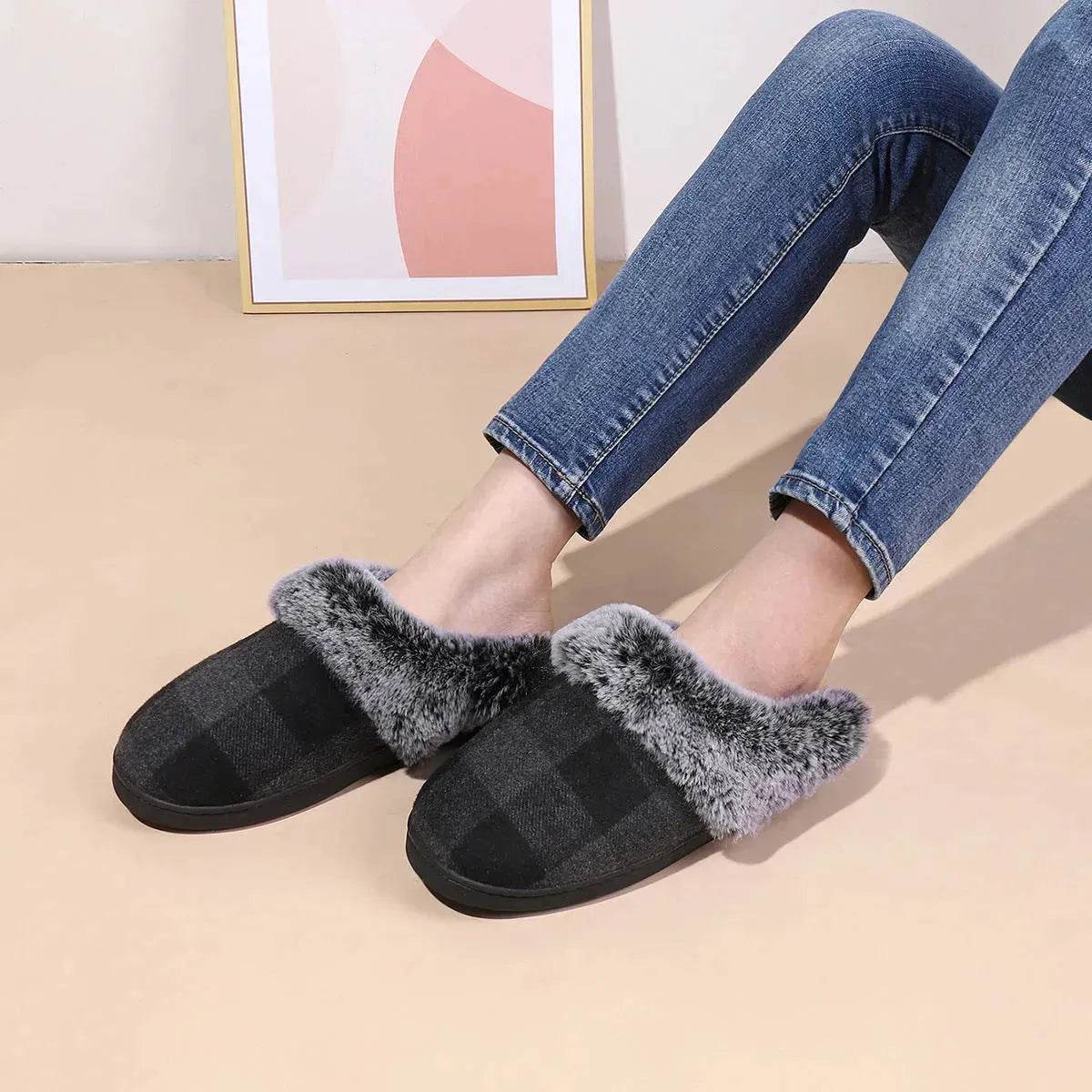 Winter Warm Plaid Plush Slippers Home Indoor Non-slip Bedroom Floor Soft Fuzzy Slipper For Couple Fashion Solid House Shoes - Velora