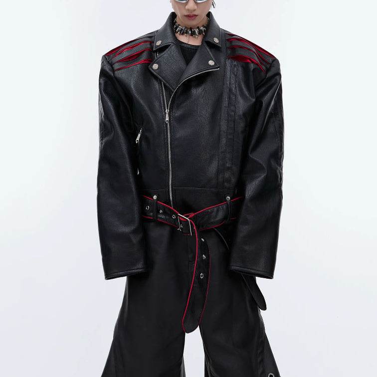 Niche Deconstruction Backbone Pleated Design Sense Short Leather Jacket - Velora