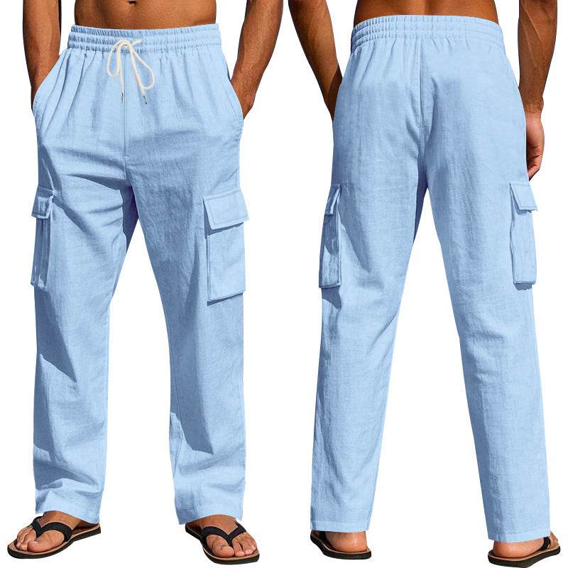 Men's Workwear Multi-pocket Straight Linen Pants Linen Four Seasons Thin Breathable Cargo Pants, Multi-pocket Loose Casual Trendy Wide-leg Pants - Velora