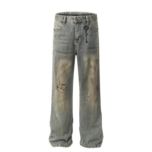 Hole Denim Men Trousers Heavy Industry Washing Jeans - Velora