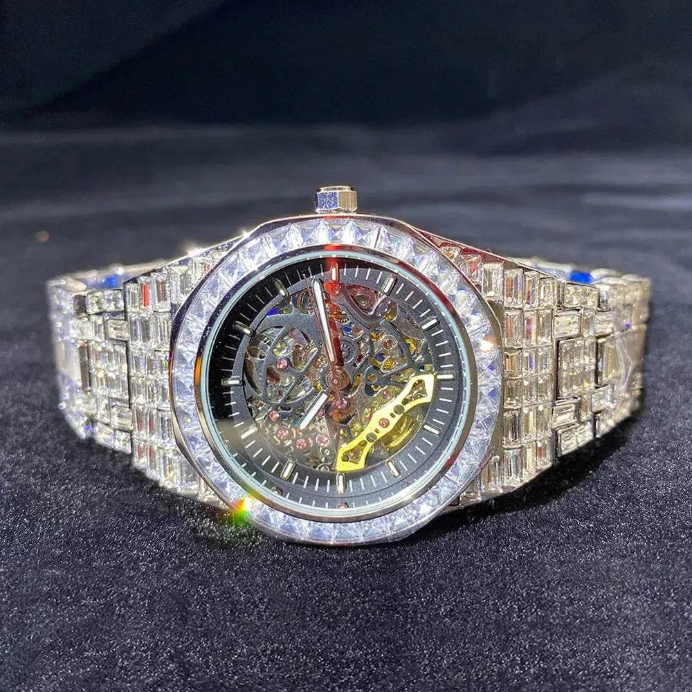 Hip Hop Full Square Diamond Luminous Hollow Mechanical Watch - Velora