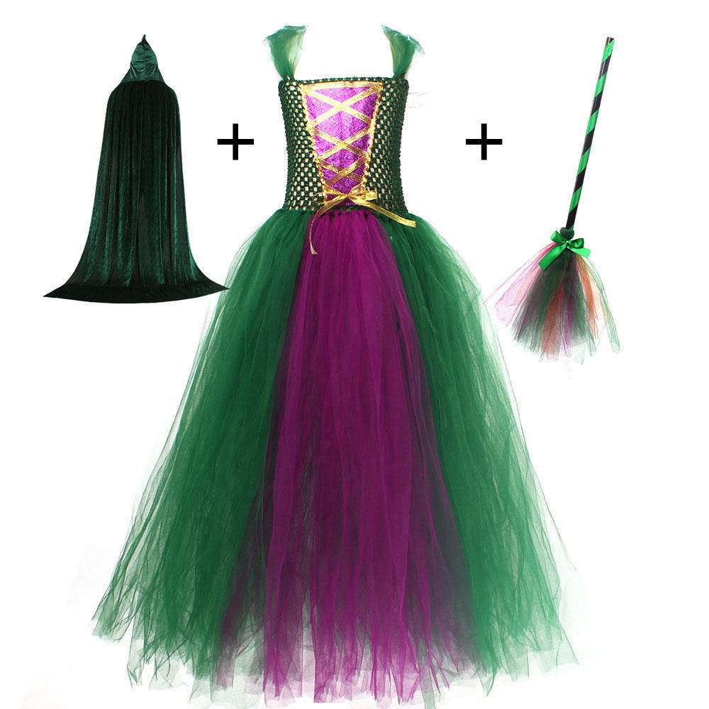 Halloween Costume Witch Children Dress Cloak Broom Set - Velora