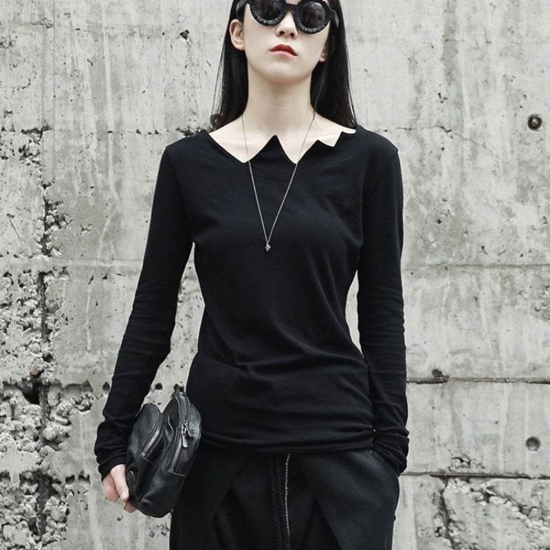 Long Sleeve Top Serrated Irregular Collar Base - Velora