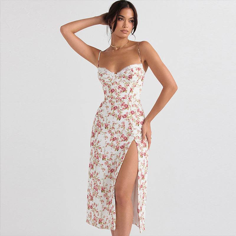 Lace Flowers Print Long Dress Sexy Fashion Slit Suspender Dress Summer Womens Clothing - Velora