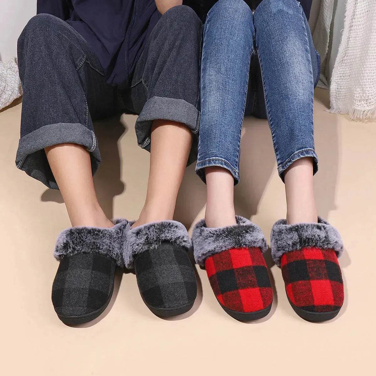 Winter Warm Plaid Plush Slippers Home Indoor Non-slip Bedroom Floor Soft Fuzzy Slipper For Couple Fashion Solid House Shoes - Velora