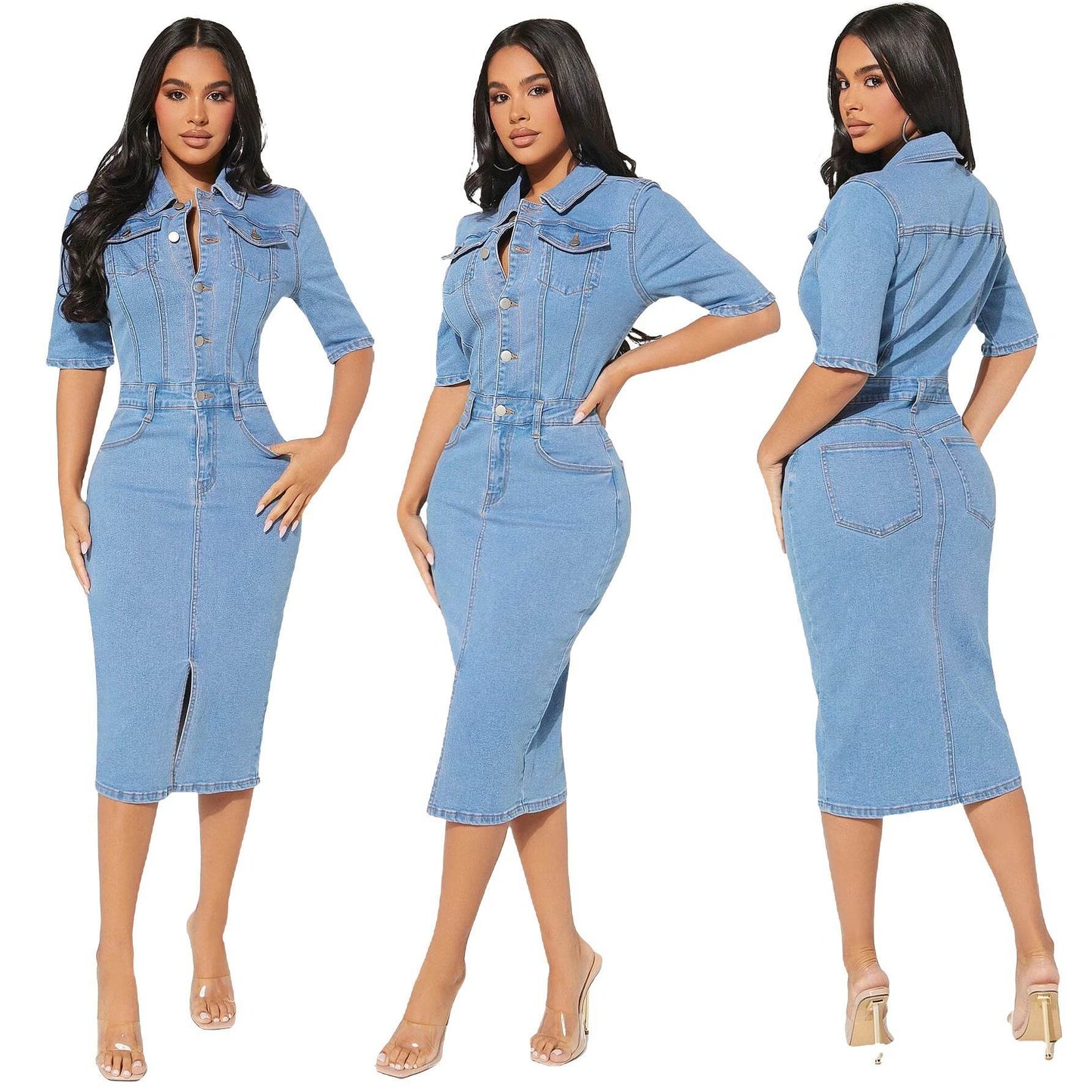 Women's Fashion Personality fitted Denim Hip-wrapped Jeans Midi straight cut front split Dress - Velora