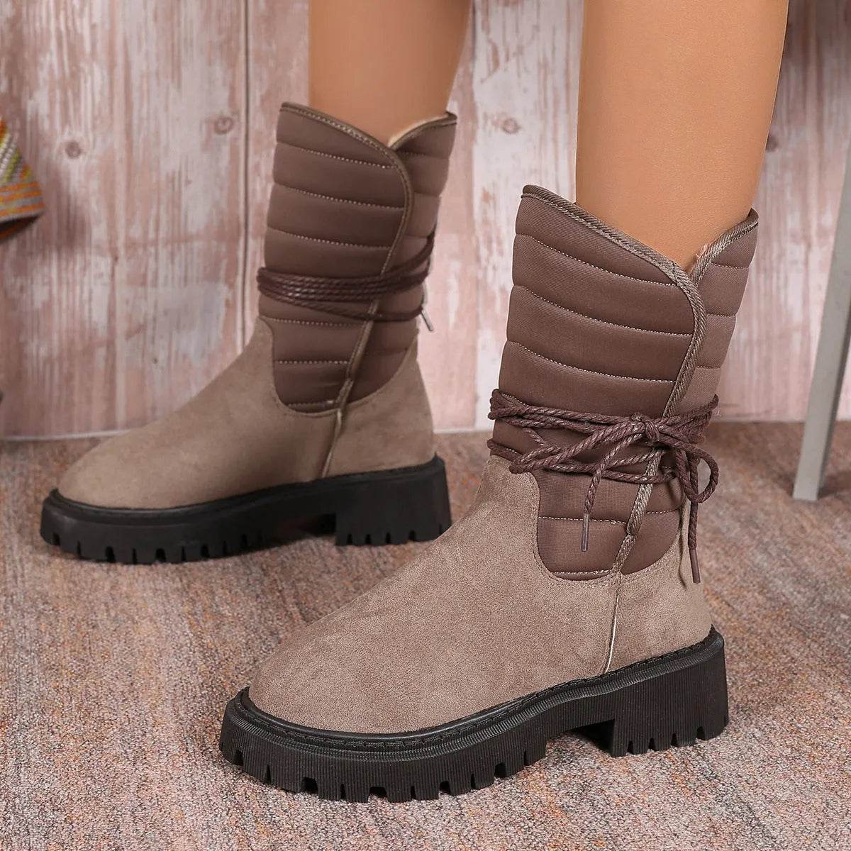Fashion Mid-calf Snow Boots With Lace-up Design Winter Warm Thickened Low-heeled Boot Women's Casual Shoes Outdoor - Velora