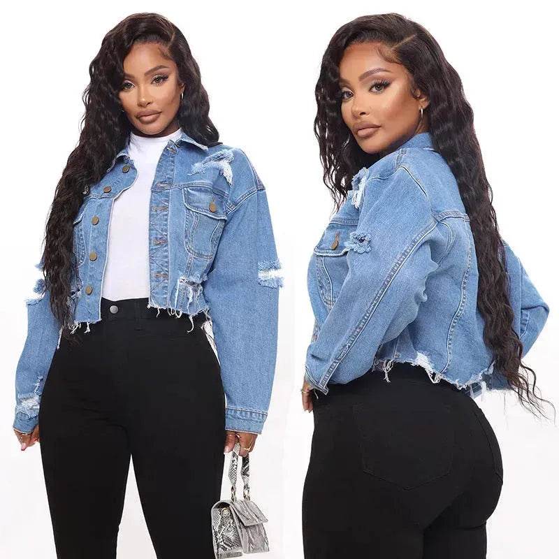 Fashionable Ripped Long sleeve Denim Jeans Crop jacket women short denim jacket oversized cropped denim jacket - Velora
