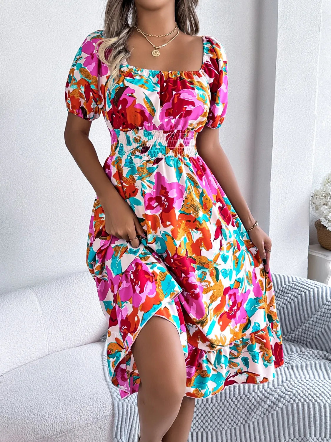 Ruffled Hem Smocked Floral Short Sleeve Midi Dress - Velora