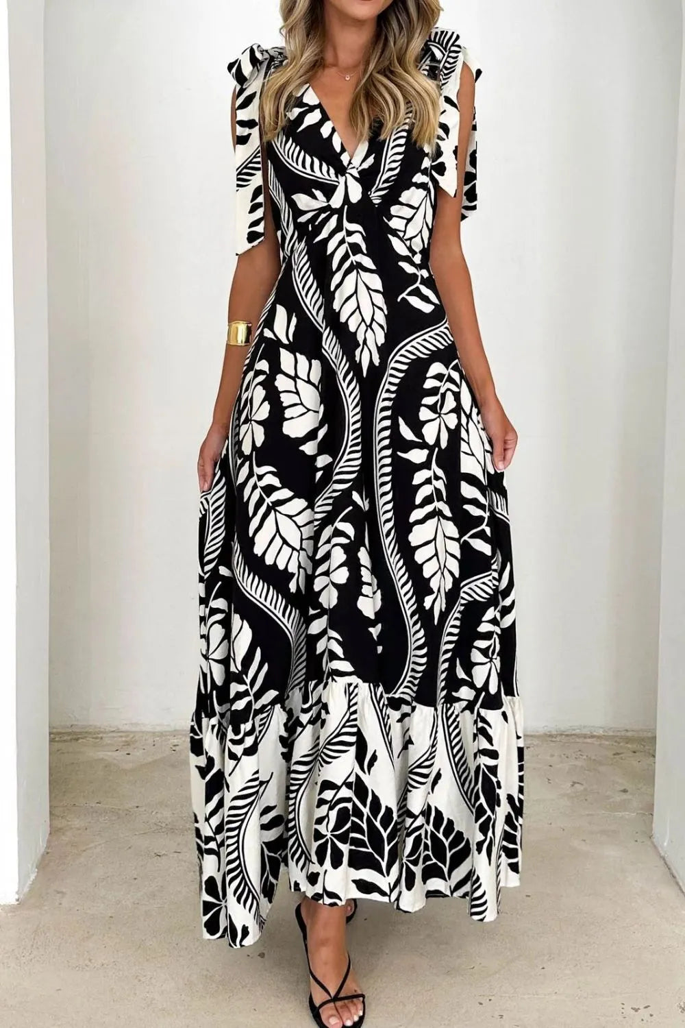 Printed V-Neck Tie Shoulder Midi Cami Dress - Velora