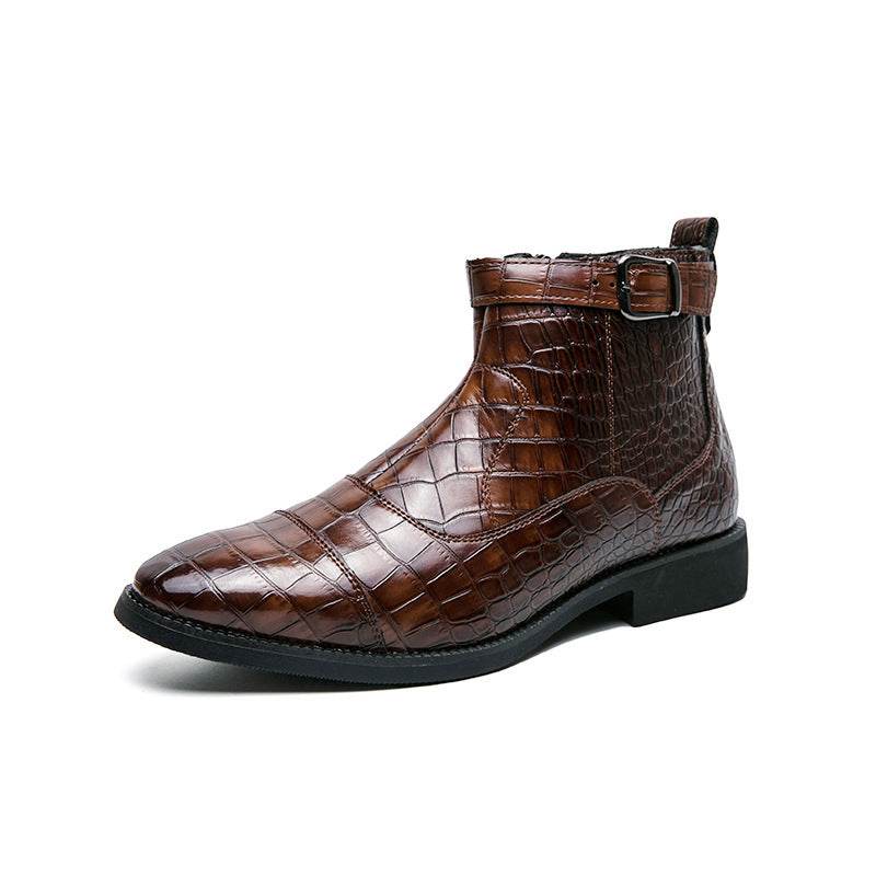 Men's Crocodile Pattern Boots Fashion Pointed Toe Low Square Heel Buckle Zipper Ankle Boots Business Formal Leather Shoes - Velora