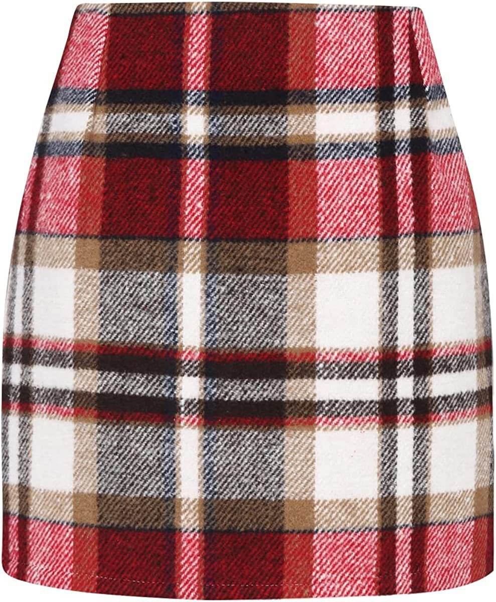 Women's High Waist Plaid Tight Pencil Wool Mini Skirt - Velora